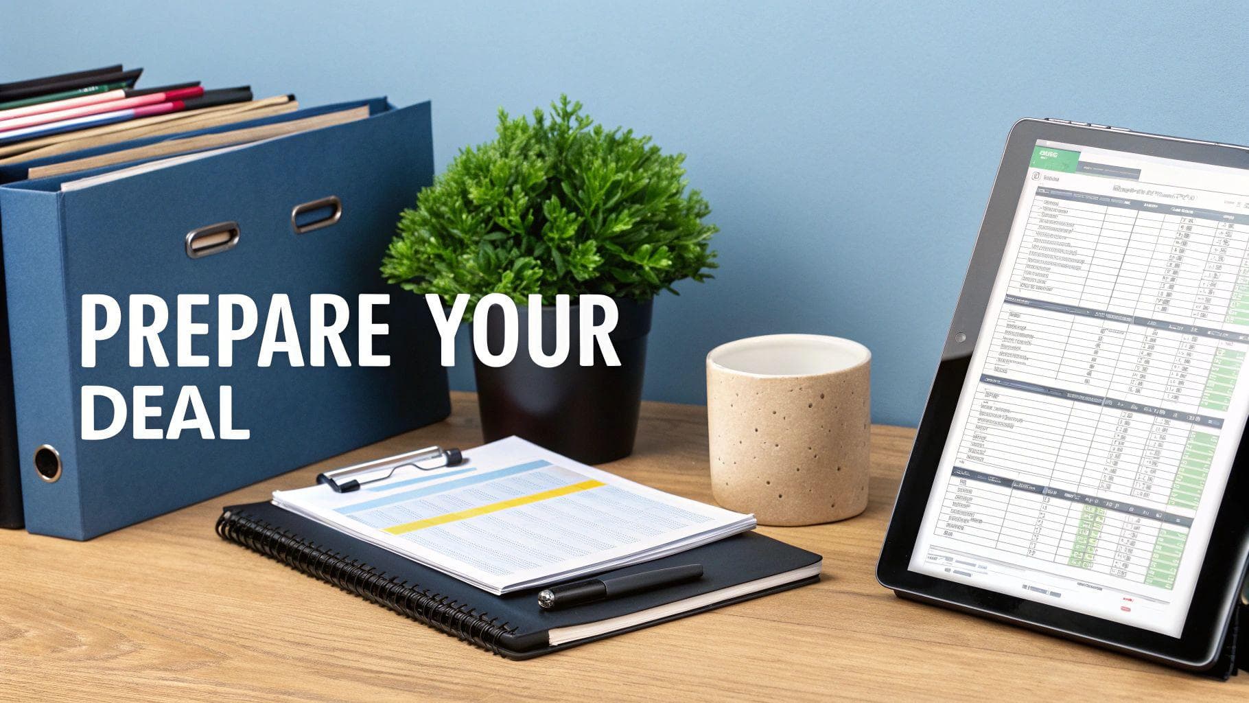 An office desk with files, a plant, a tablet, and a notebook, displaying 'PREPARE YOUR DEAL' text.