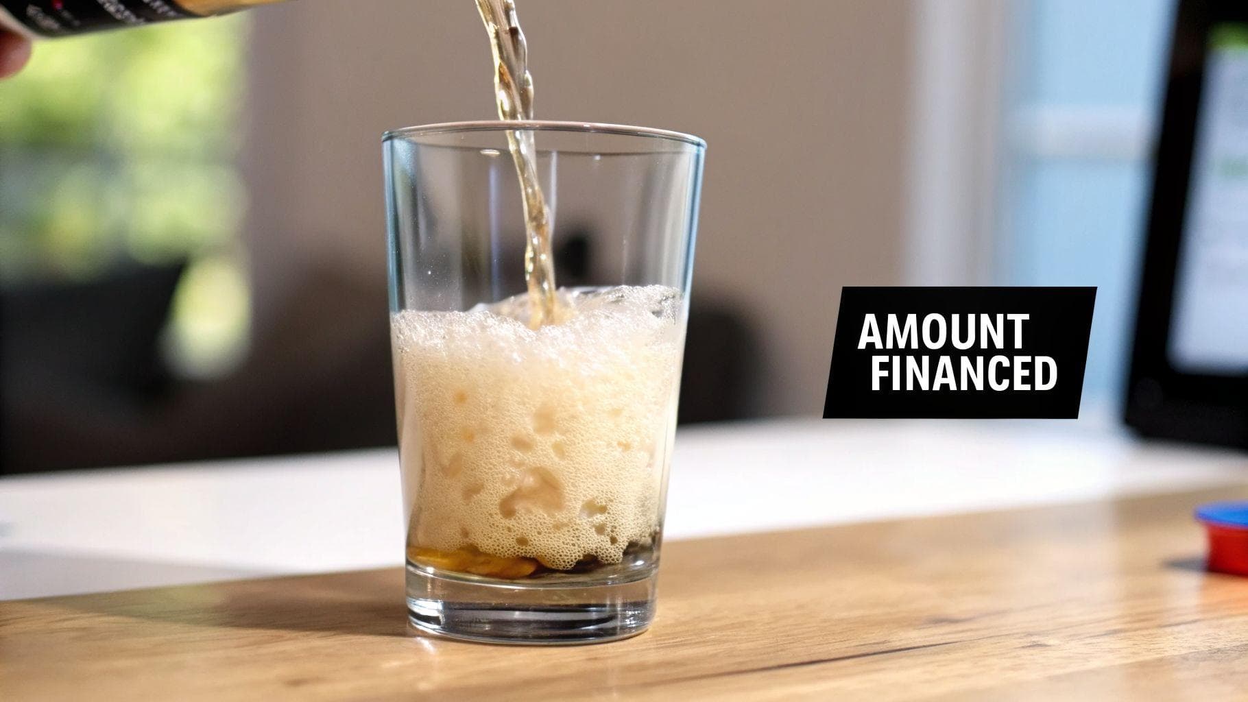 A light brown fizzy drink with a thick head of foam being poured into a clear glass, with a black text overlay reading 'AMOUNT FINANCED'.