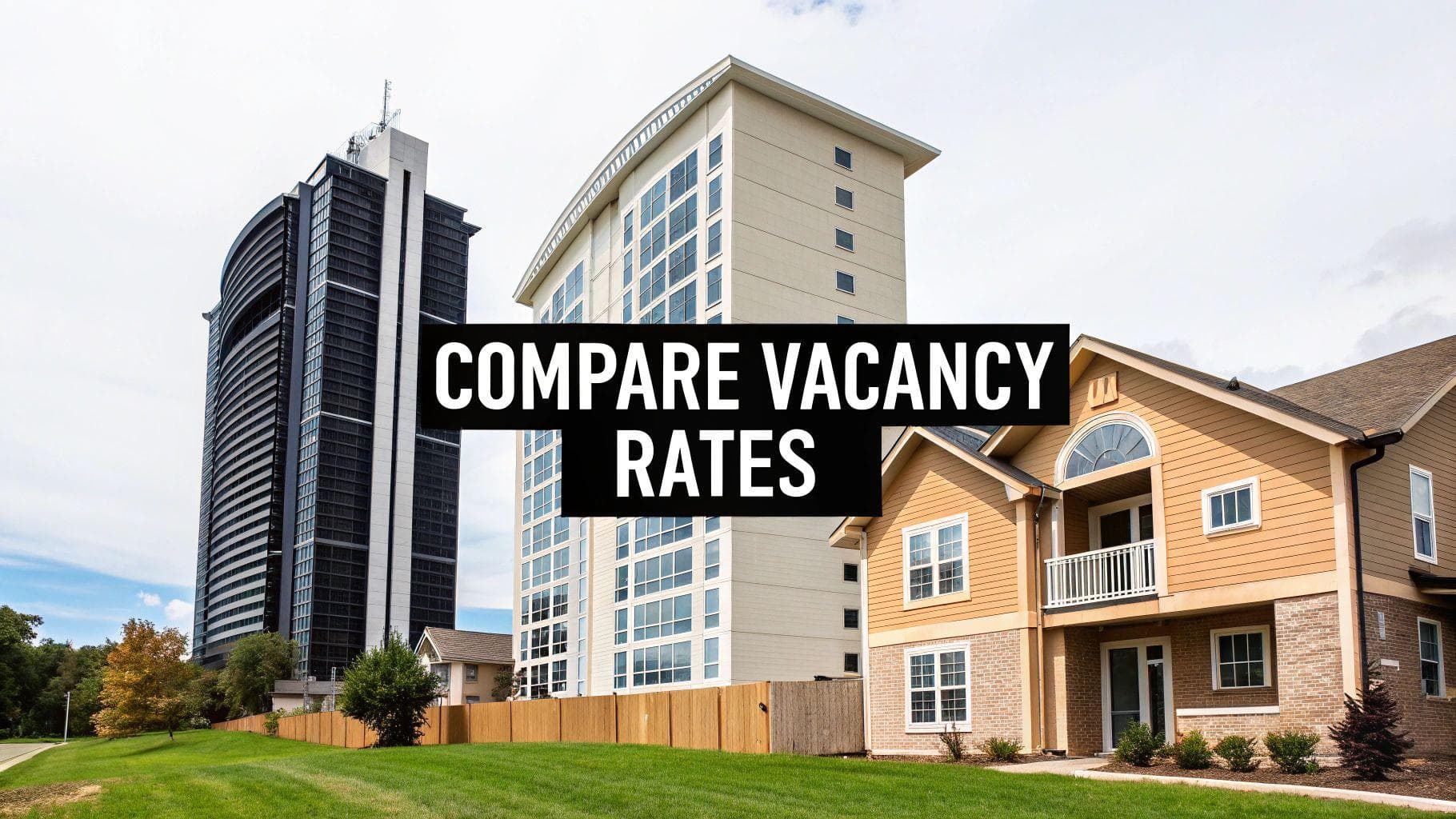 Several different types of buildings, including residential and commercial, in a city skyline.