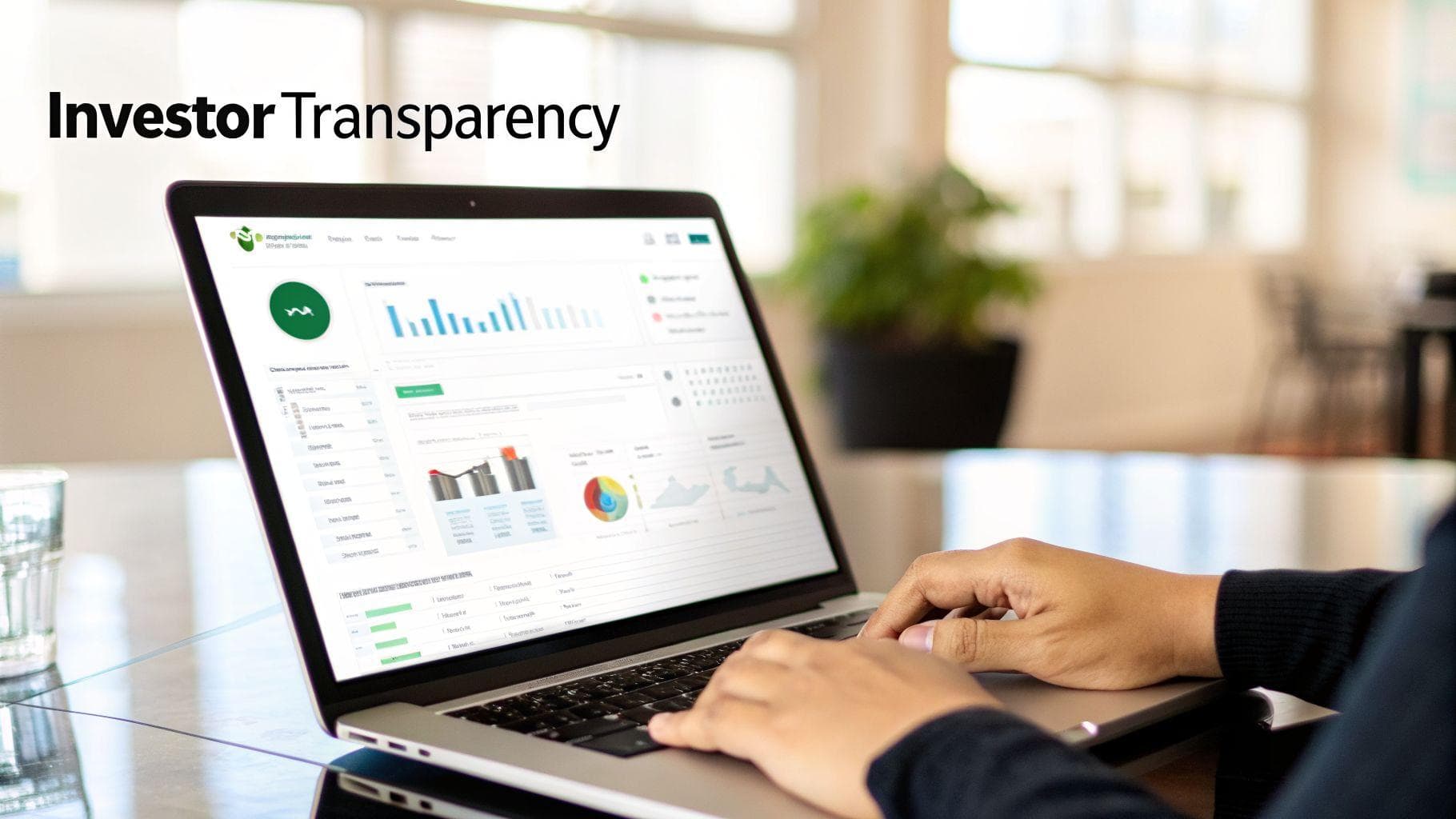 Person typing on a laptop displaying financial data and charts, with 'Investor Transparency' text.