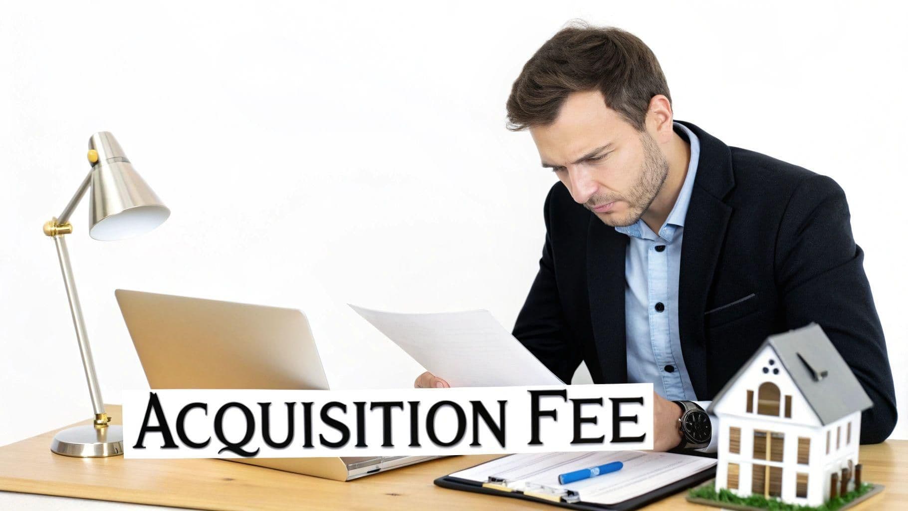 Real estate documents and a calculator on a desk, representing the analysis of an acquisition fee