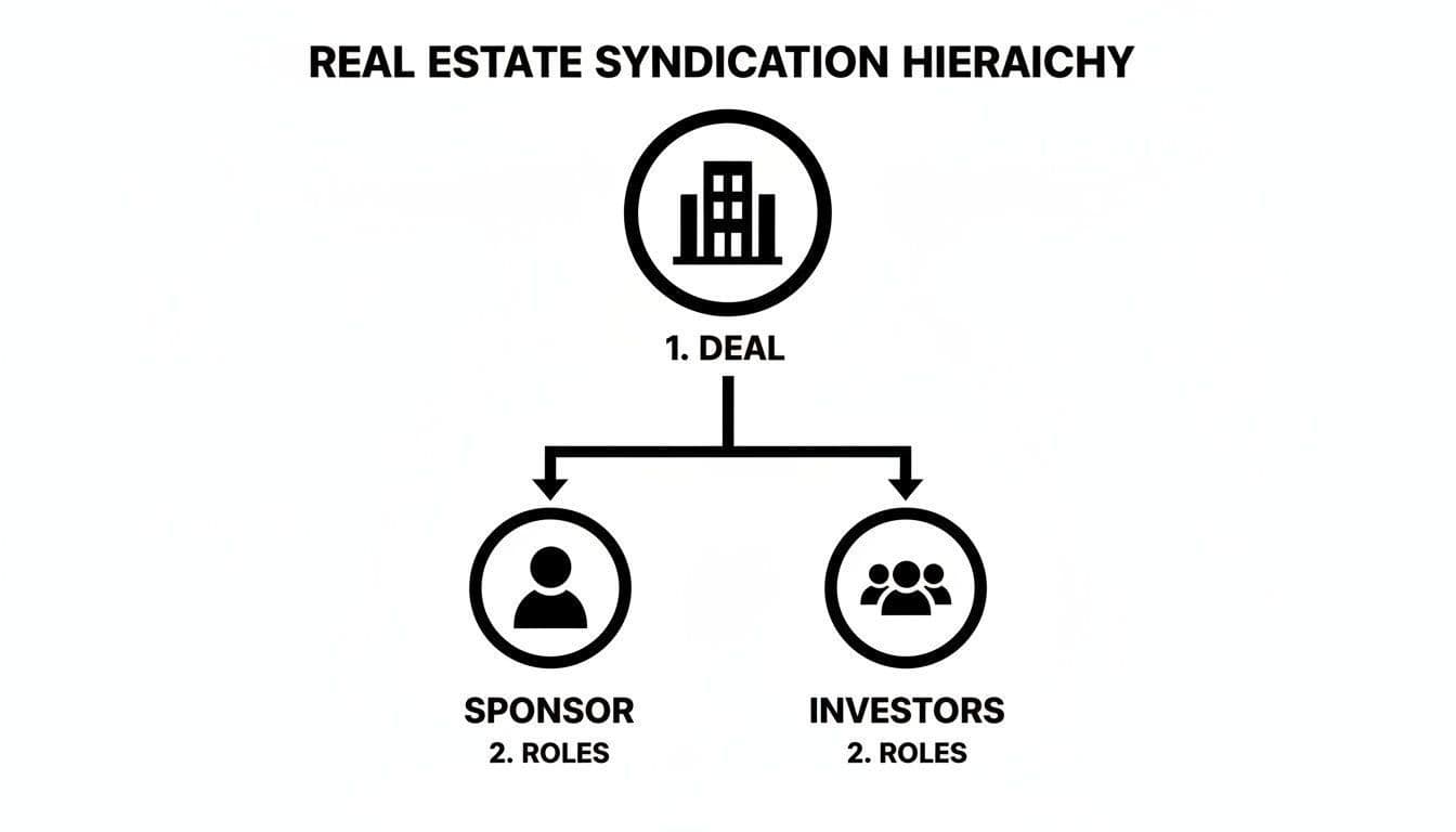 Diagram illustrating the real estate syndication hierarchy with deal, sponsor, and investors roles.