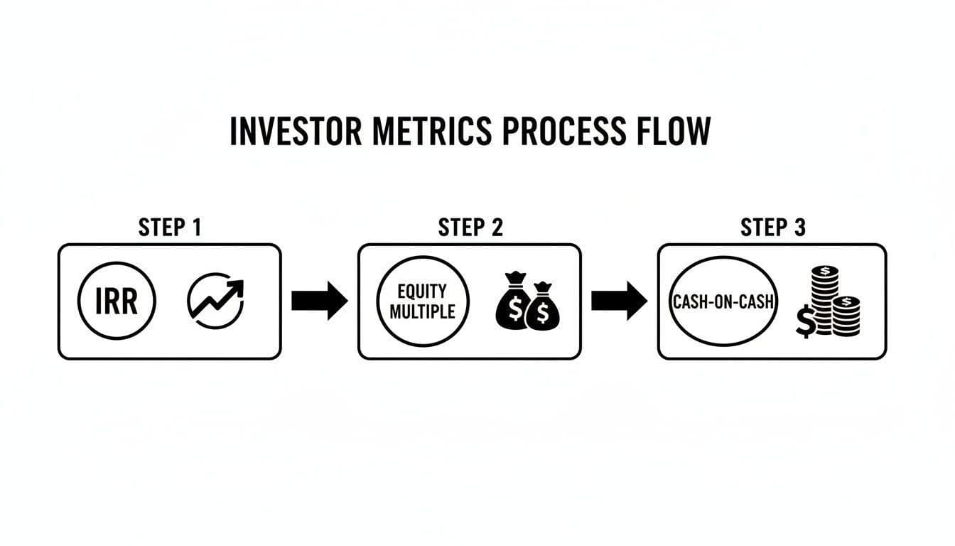 A black and white diagram illustrating the investor metrics process flow for financial analysis.