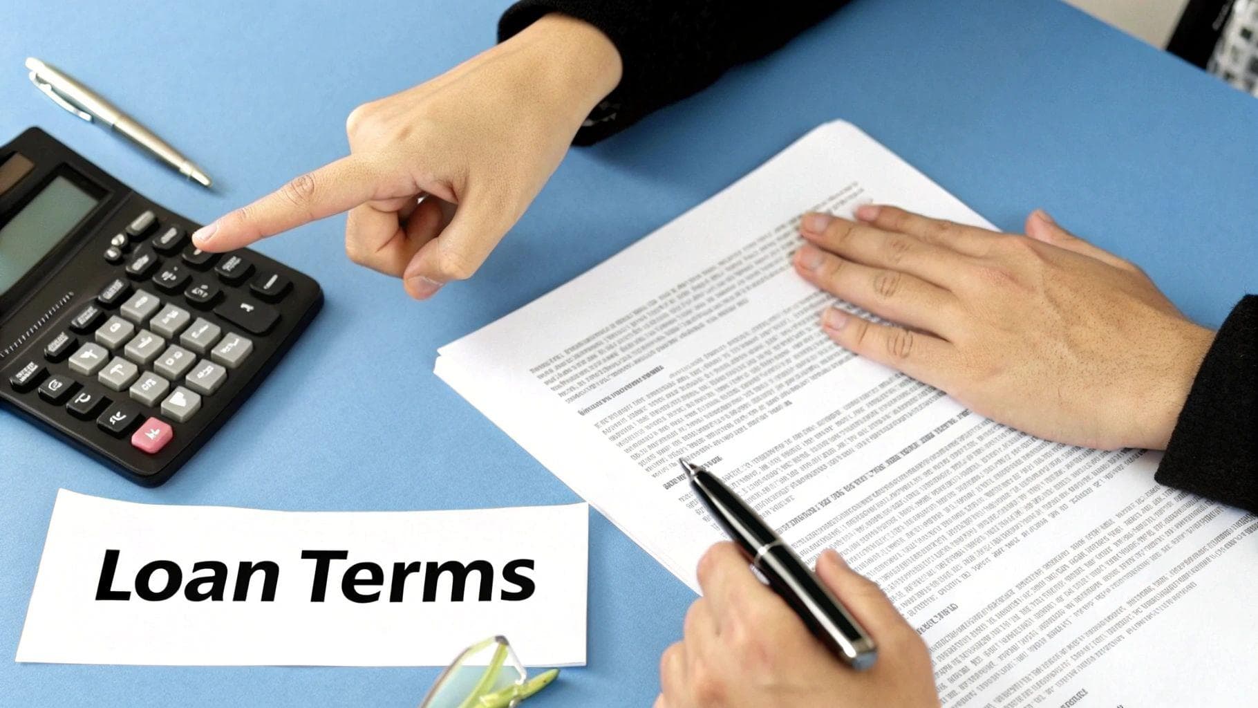 A person signing a mezzanine loan agreement document on a wooden desk.