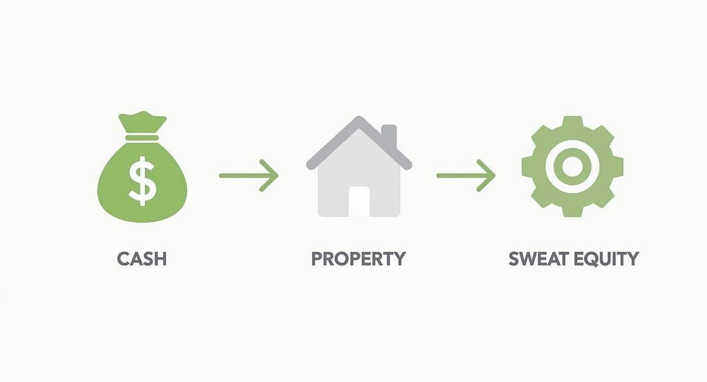 Infographic showing the flow from cash, property, and sweat equity into a partnership.
