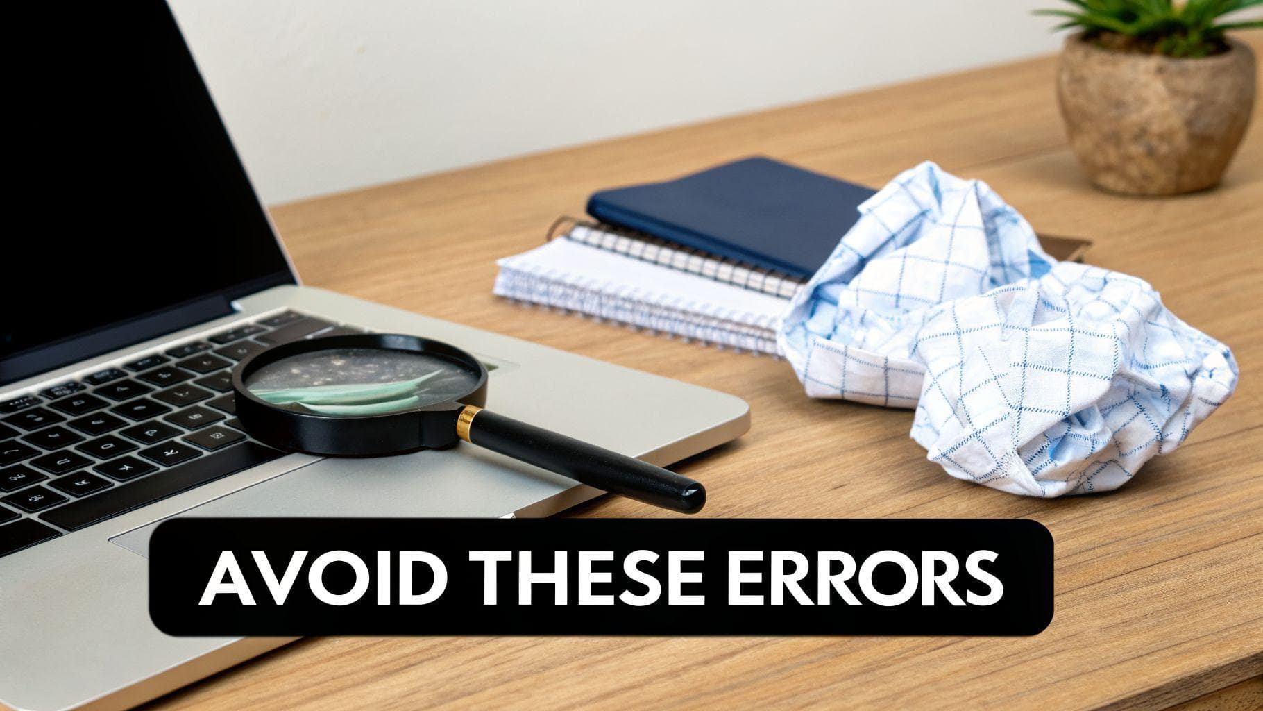 A magnifying glass on a laptop keyboard next to crumpled papers, symbolizing avoiding errors.