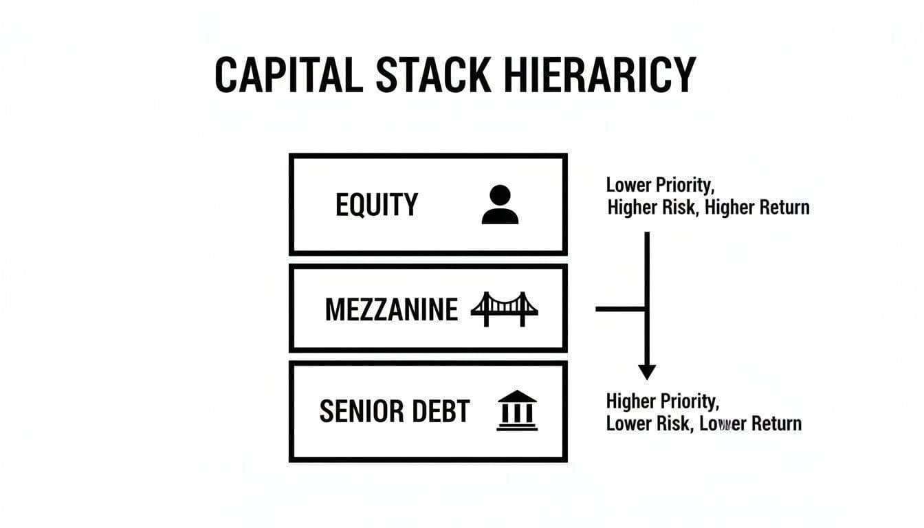 Diagram illustrating the capital stack hierarchy: Equity (high risk), Mezzanine, and Senior Debt (low risk).