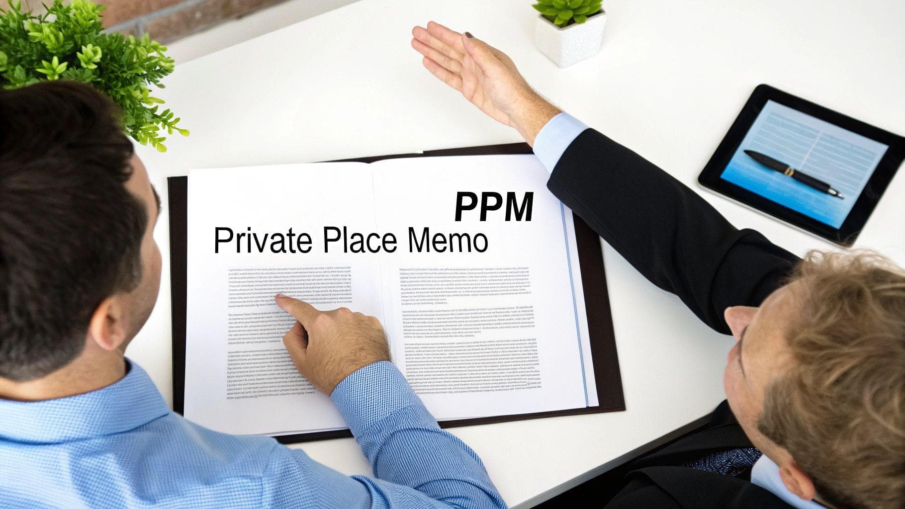 Two businessmen discussing a 'Private Place Memo' document, with one pointing at the text on a white table.