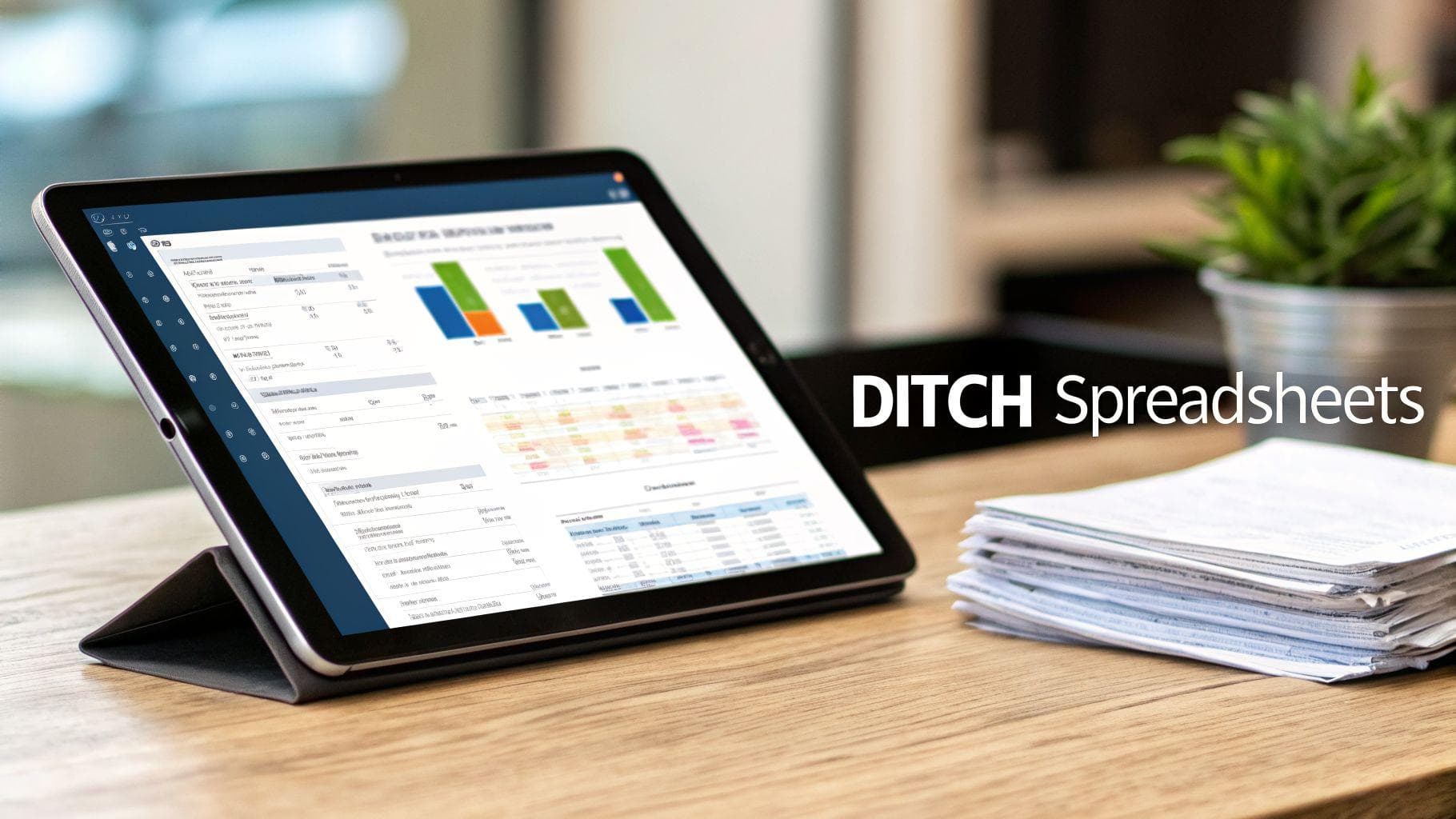 A tablet on a desk displays a business data dashboard next to a stack of papers and a plant.