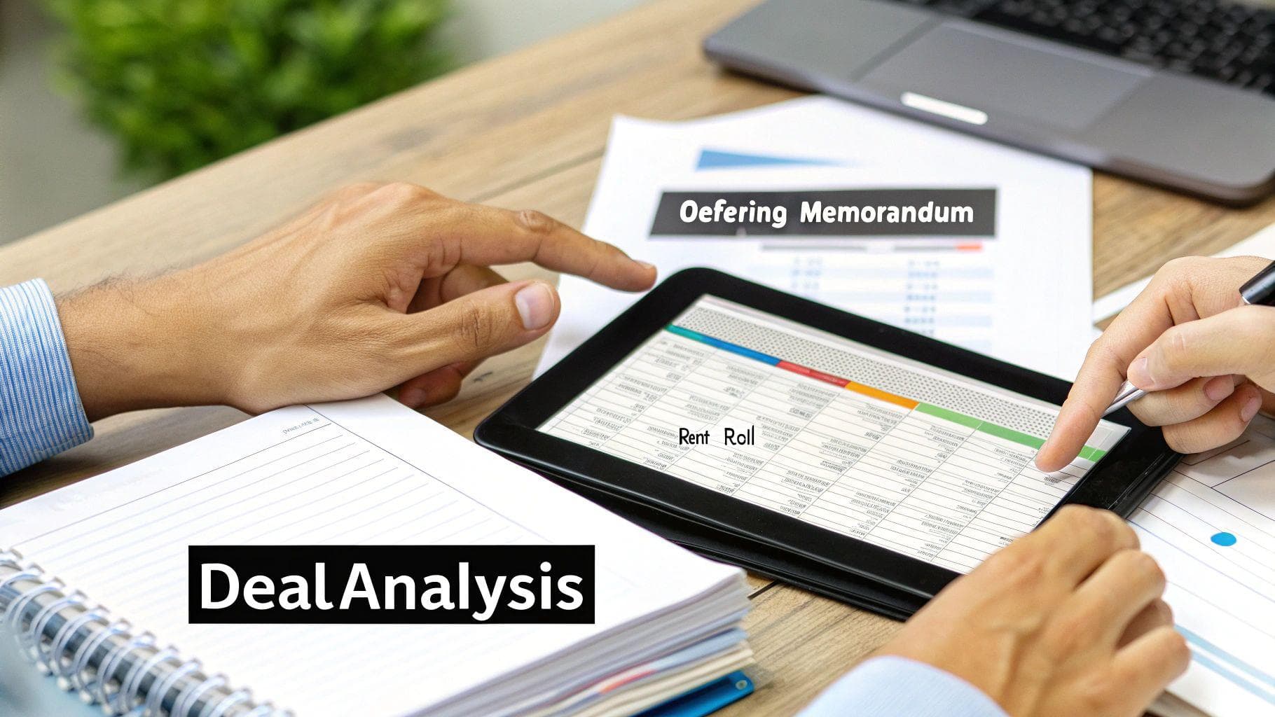 Two people reviewing real estate deal documents, a rent roll on a tablet, and an offering memorandum.