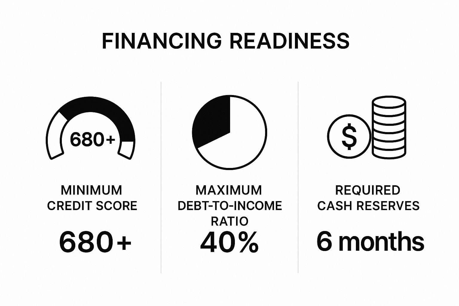 Infographic showing key financing readiness metrics: minimum credit score of 680+, maximum DTI of 40%, and required cash reserves of 6 months.