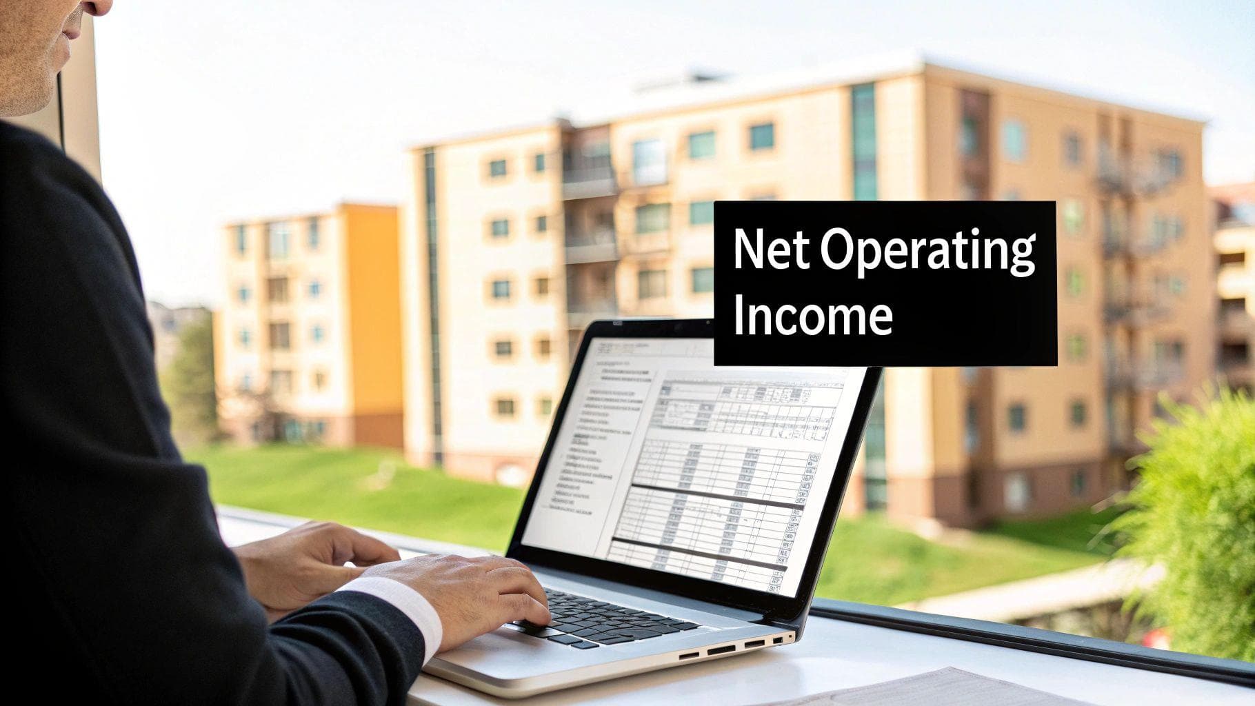 A man in a suit working on a laptop, with a view of buildings and 'Net Operating Income' text.