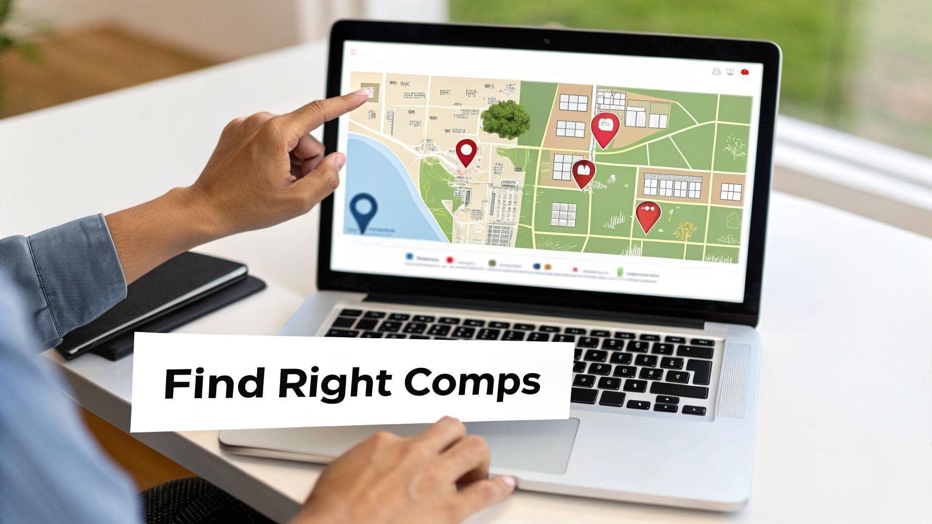 A person's hand pointing at a laptop screen displaying a map with property comparison pins, and text 'Find Right Comps'.