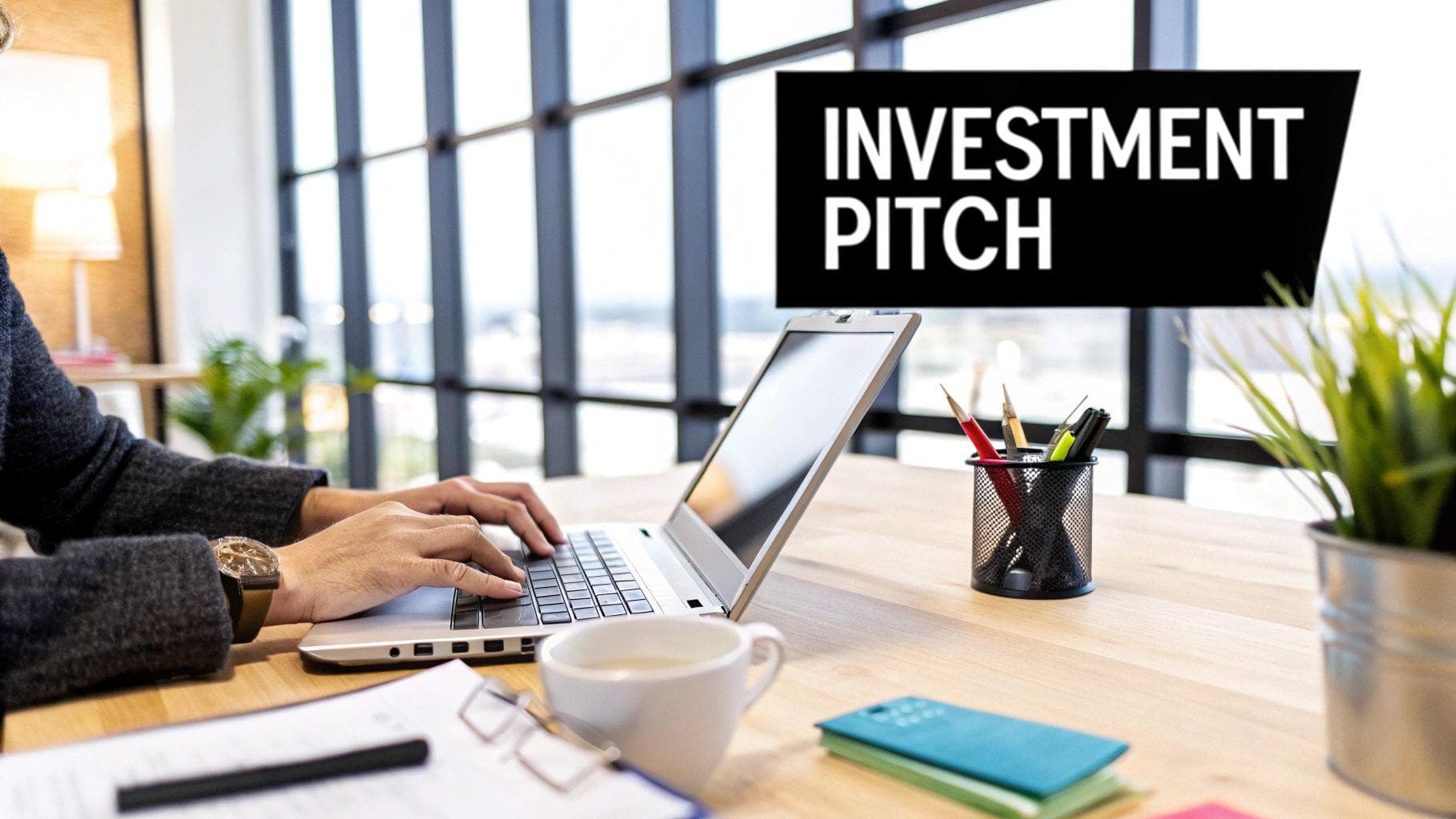 Two colleagues having a professional, yet friendly, discussion over coffee, representing a warm network approach to finding investors.