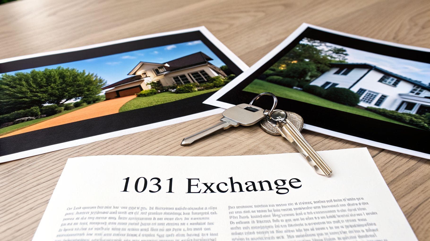 A document titled '1031 Exchange' alongside photos of two houses and a set of house keys.