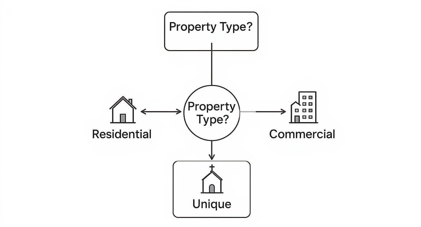 Infographic decision tree for selecting real estate valuation techniques based on property type.