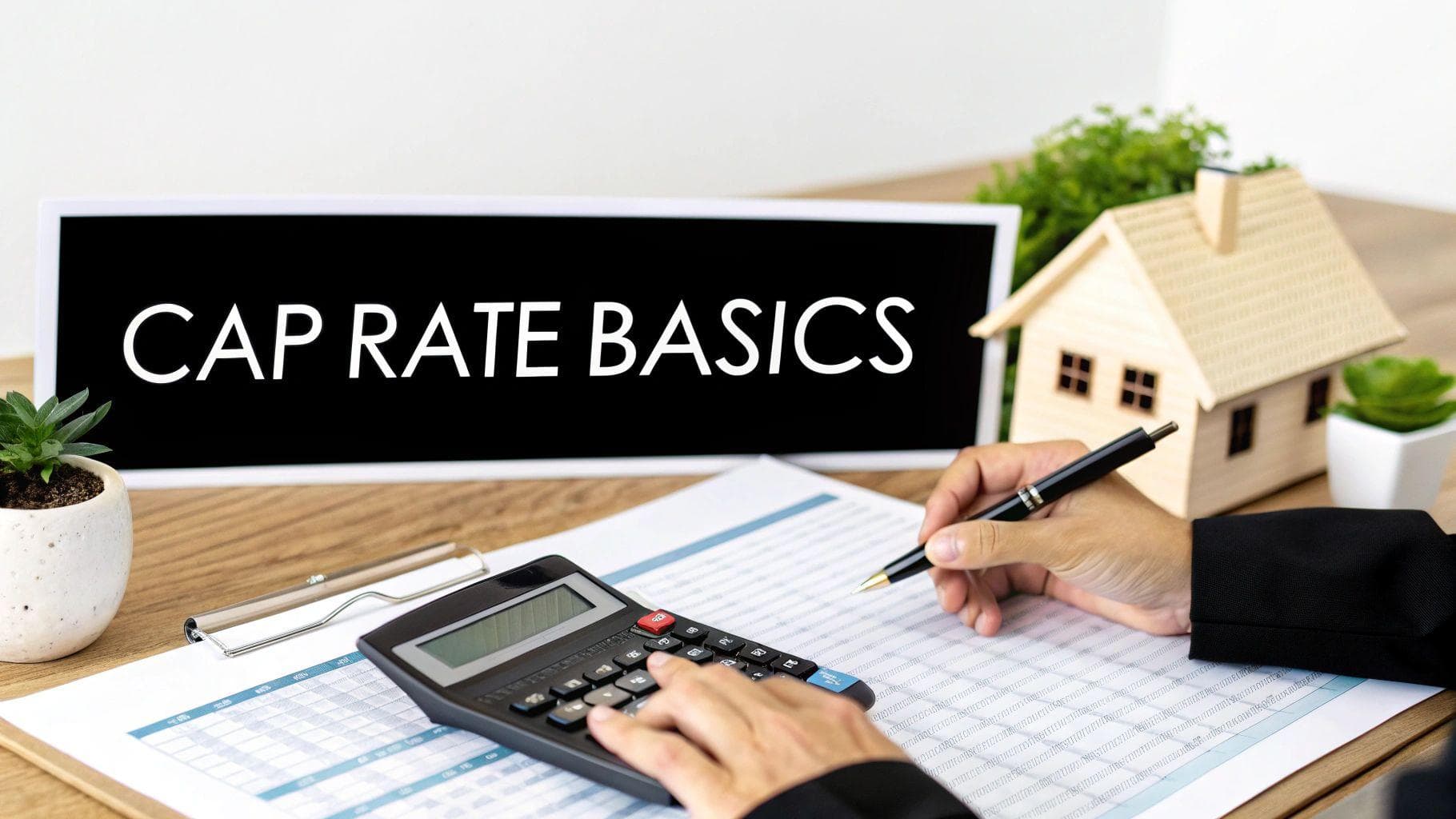A person calculates finances with a calculator and pen, next to a sign displaying 'CAP RATE BASICS' and a model house.