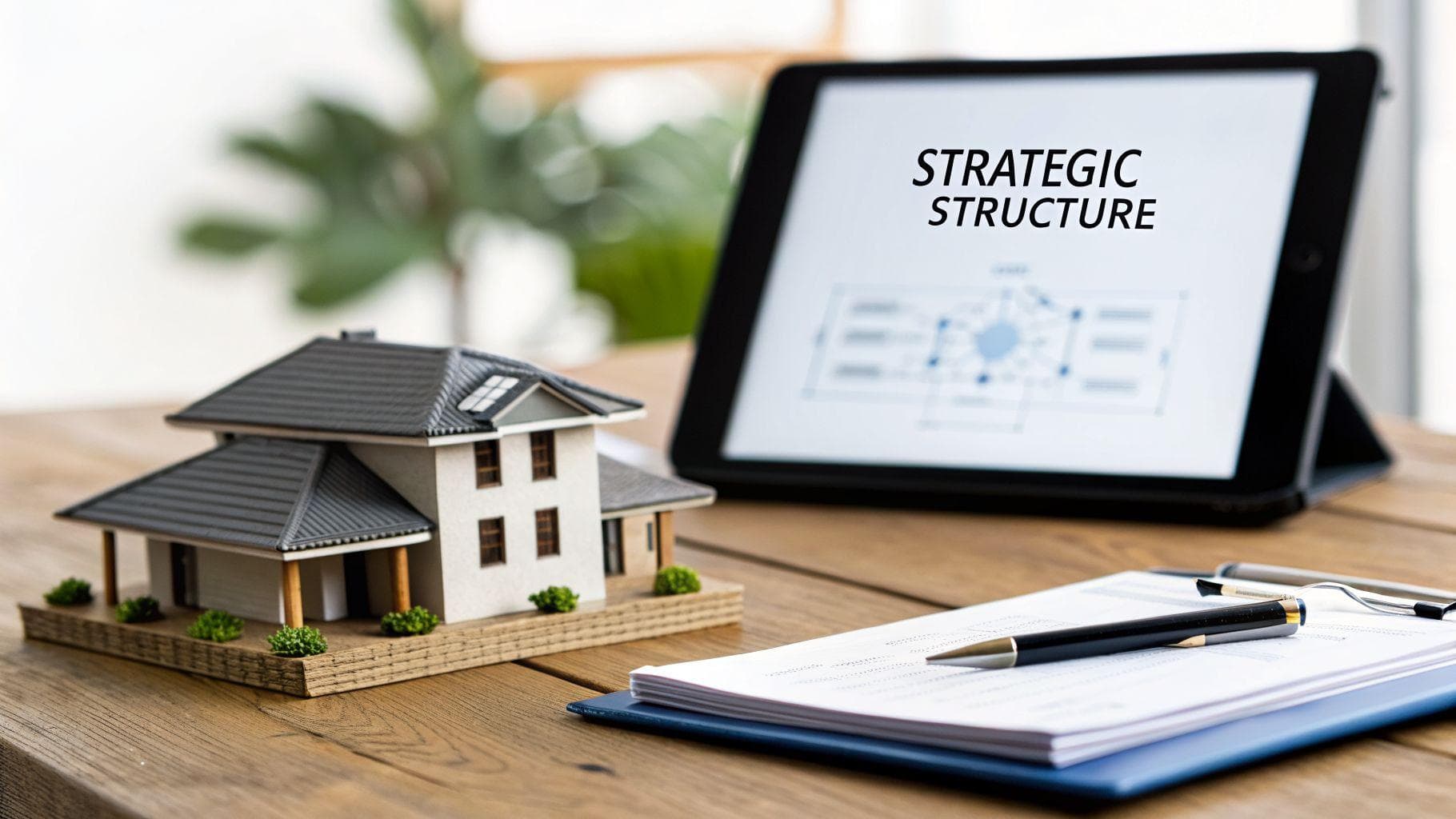 A miniature house model, a tablet displaying 'STRATEGIC STRUCTURE,' and a pen on a clipboard on a wooden desk.
