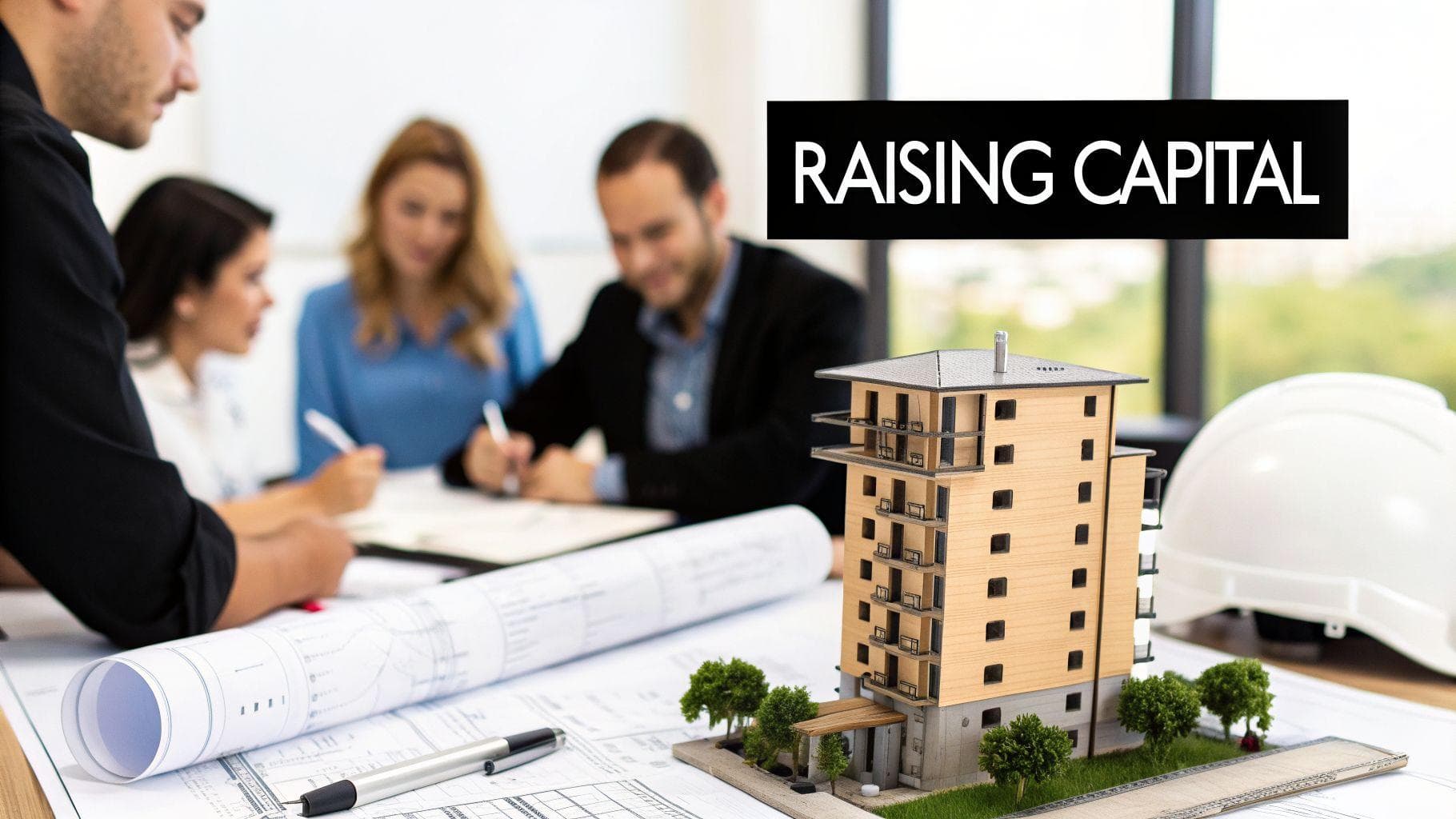 A team of architects and investors discussing blueprints and a building model for a capital raising project.