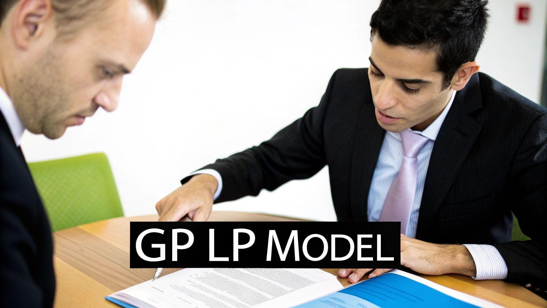 Two businessmen in suits reviewing documents at a table, discussing the GP LP Model.