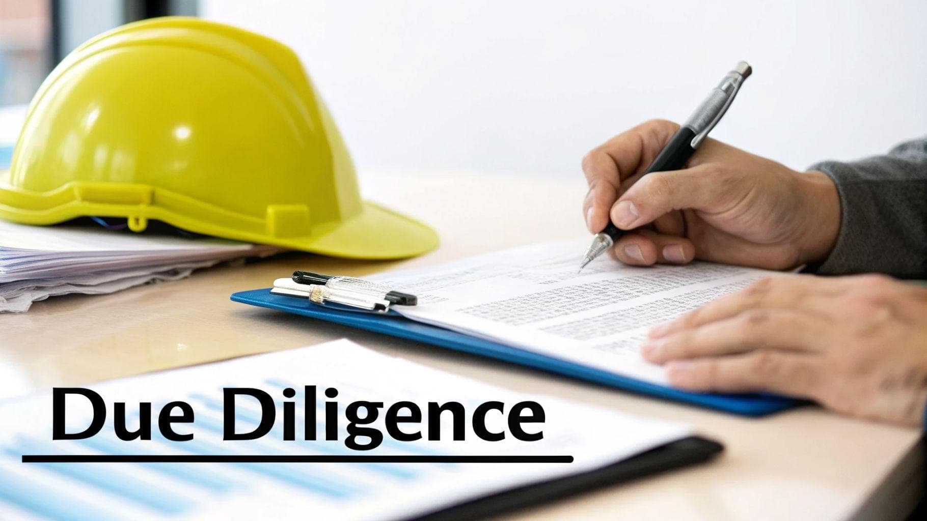 A person's hands write on a document with a pen, next to a yellow hard hat and 'Due Diligence' text.