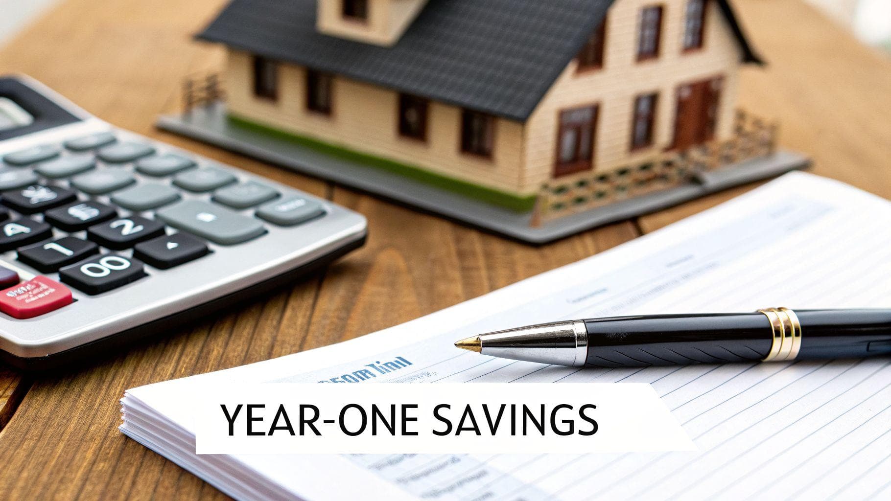 A calculator, miniature house, pen, and papers with 'YEAR-ONE SAVINGS' on a wooden table.