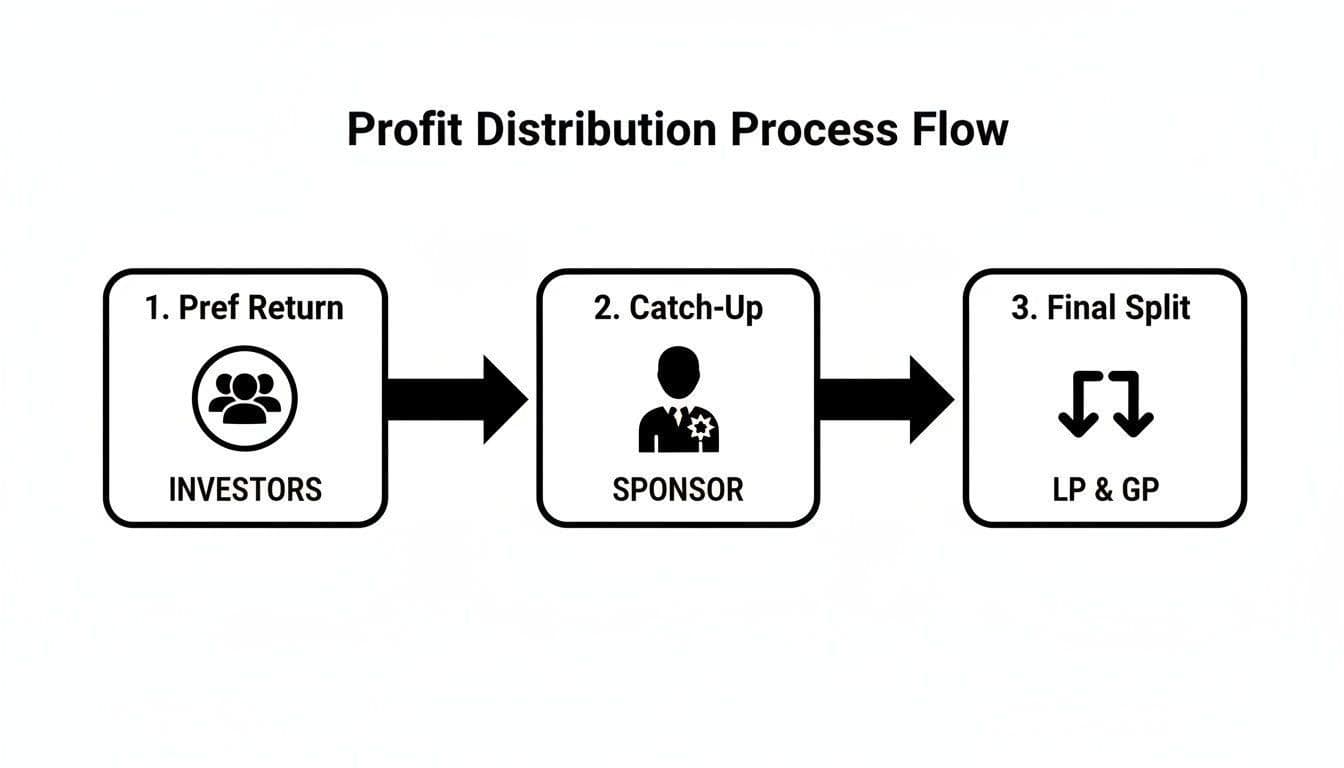 Flowchart illustrating a profit distribution process for investors, sponsor, limited partners, and general partners.