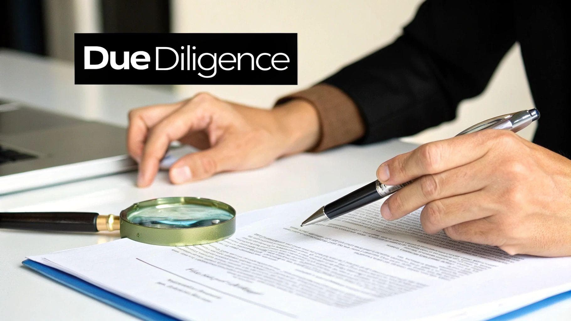 A person examining a document with a magnifying glass, symbolizing due diligence in real estate.