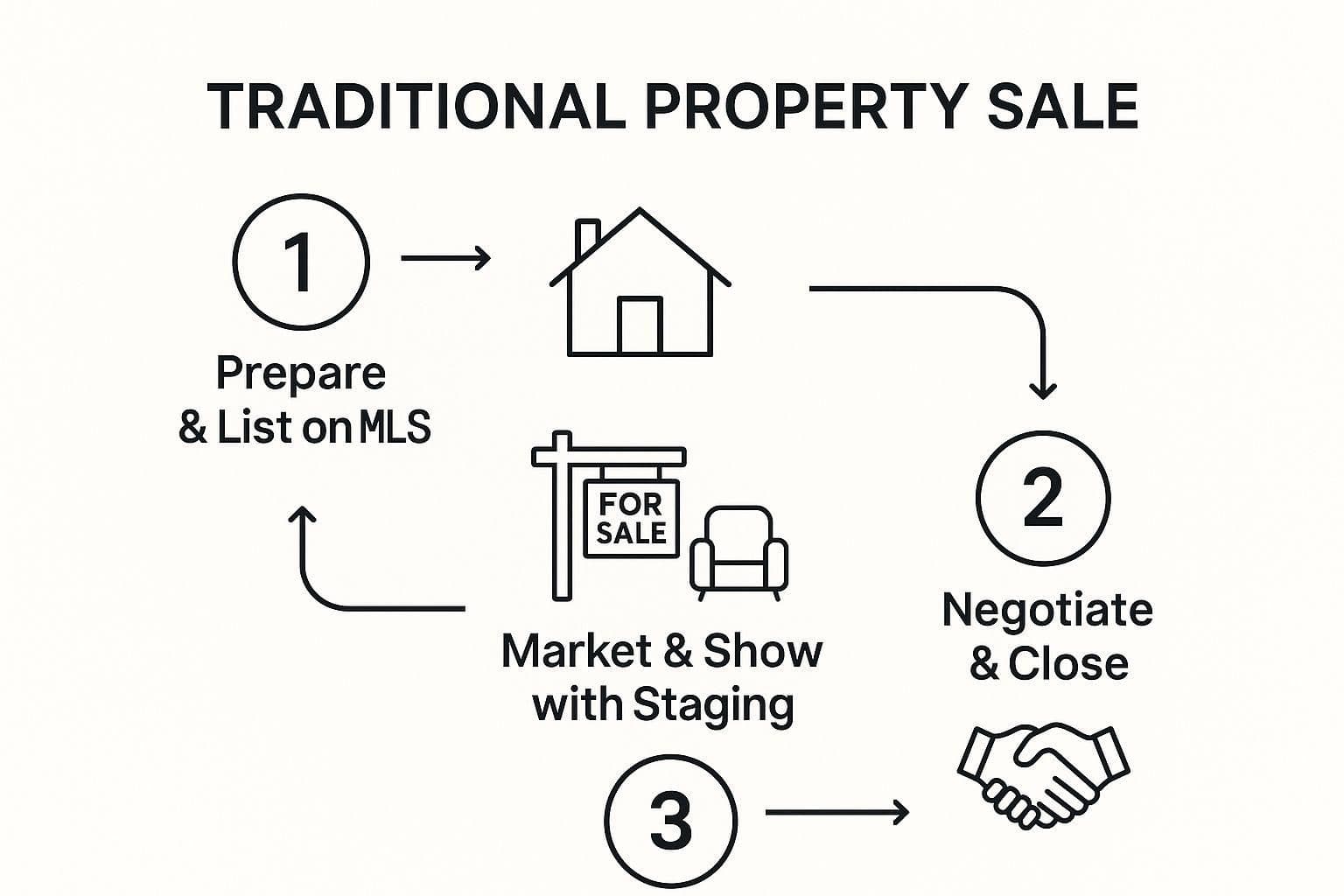 Infographic showing the three-step process of a traditional property sale: Step 1 is Prepare & List on MLS, Step 2 is Market & Show, and Step 3 is Negotiate & Close.