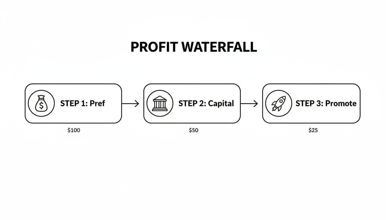 A profit waterfall diagram illustrates three steps: Pref ($100), Capital ($50), and Promote ($25), showing fund distribution.