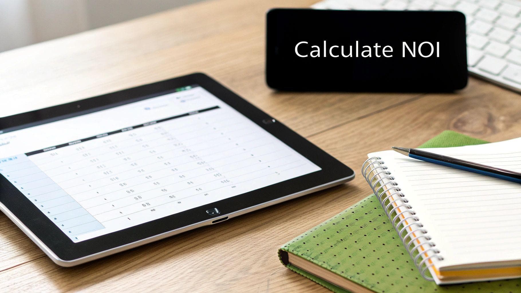 A tablet with a spreadsheet and a phone showing 'Calculate NOI' on a wooden desk with a notebook.