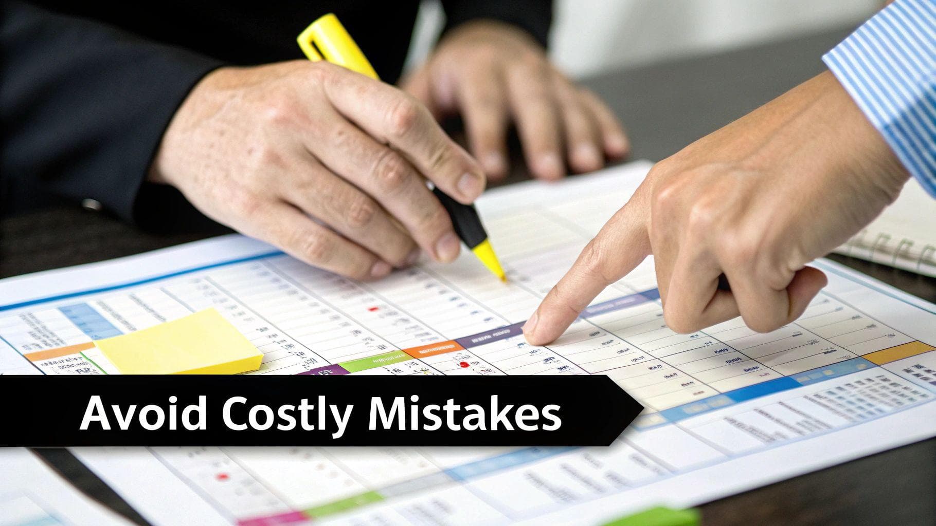 Two people reviewing a financial document with a highlighter, pointing to data, and a banner "Avoid Costly Mistakes".