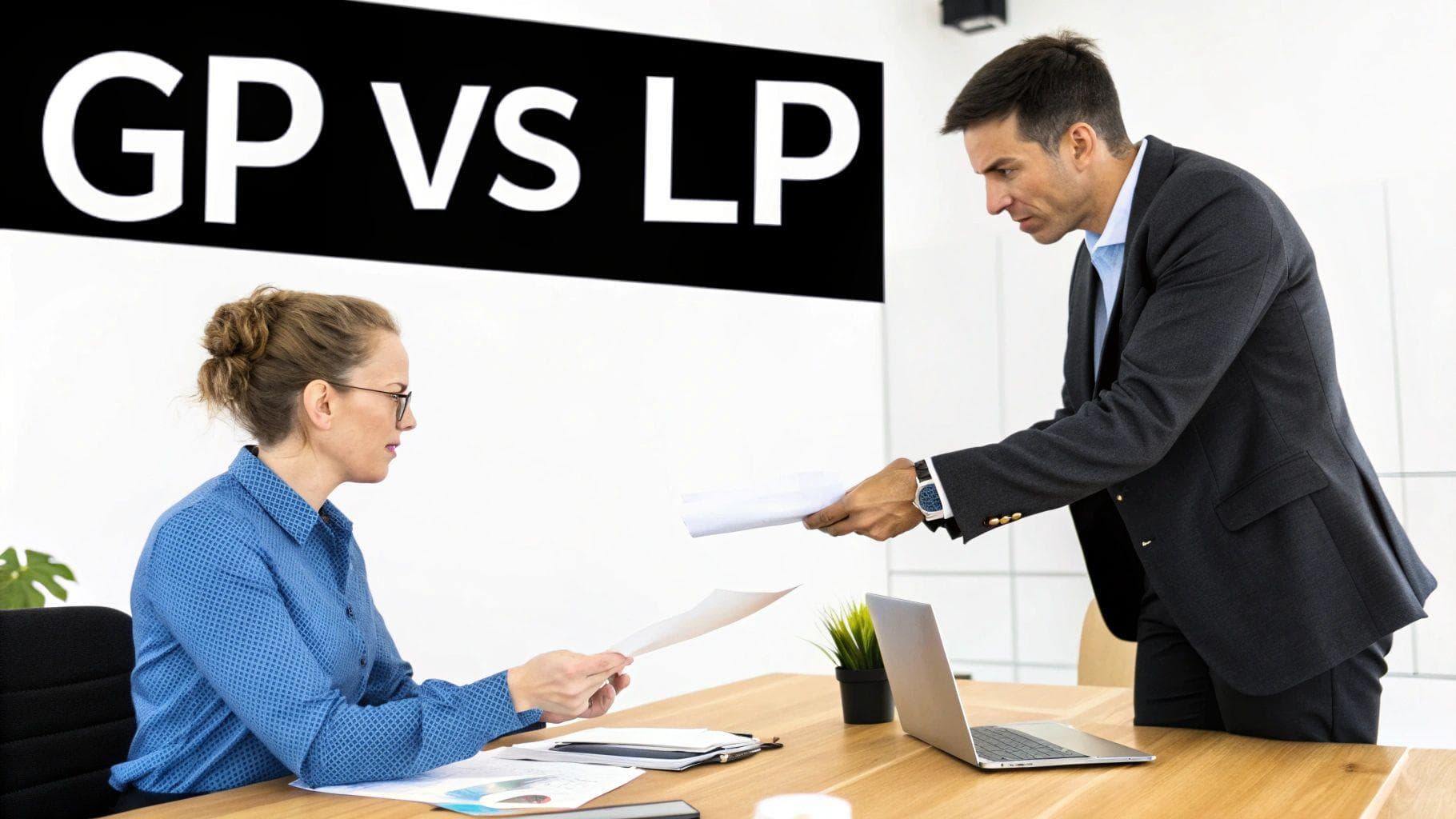 Two business professionals exchange documents in an office with a prominent 'GP VS LP' sign.