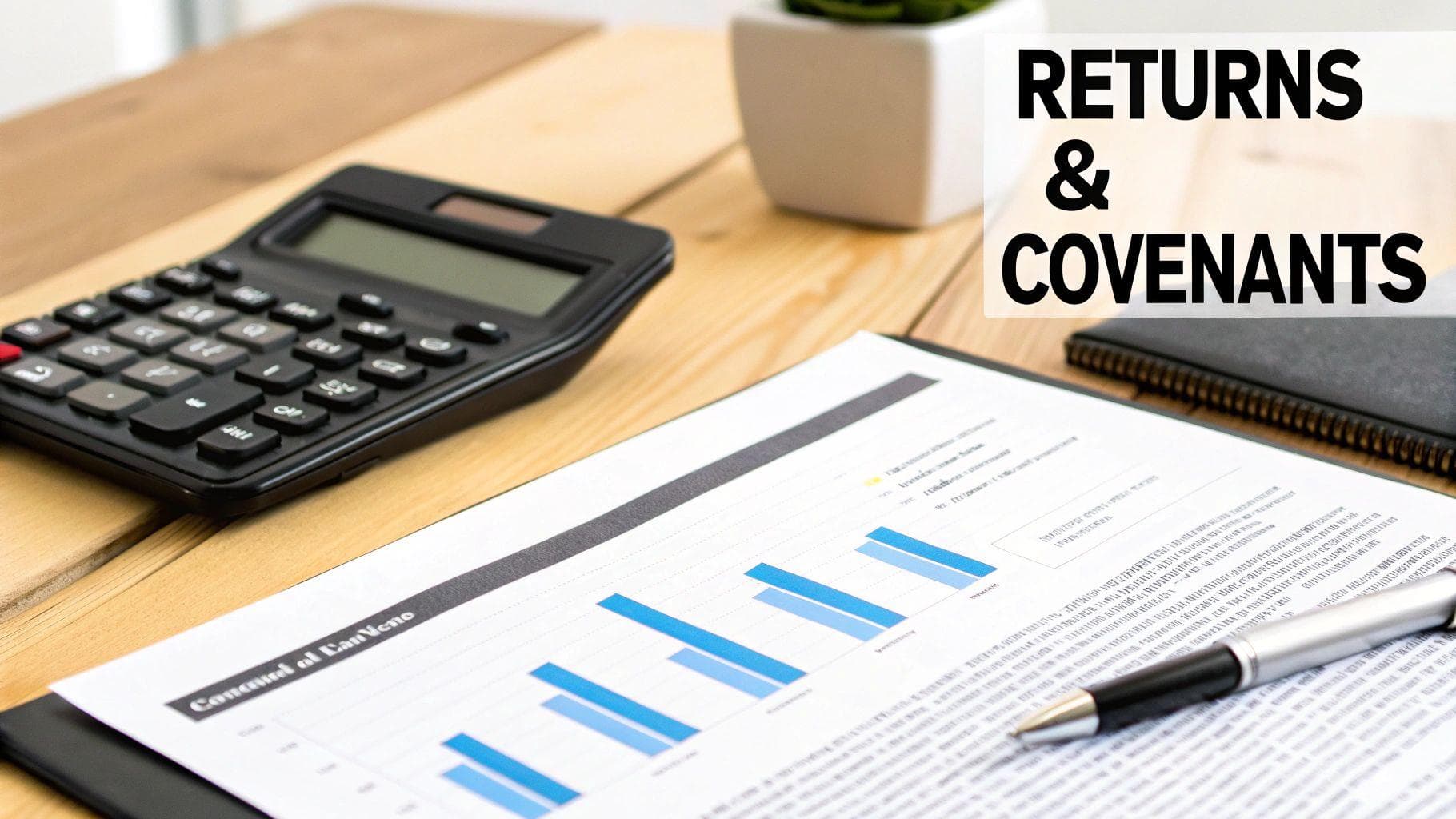 Financial documents with bar charts, calculator, and pen on desk for returns and covenants analysis
