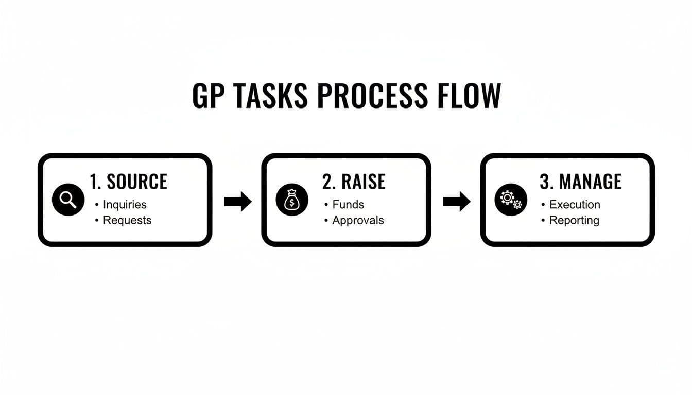 Flowchart illustrating general partners' tasks: sourcing, raising funds, and managing execution and reporting.