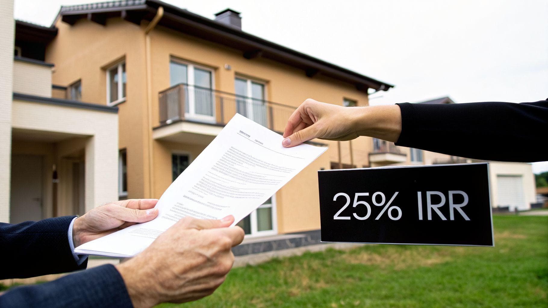 Hands exchanging a contract in front of a modern house, with a sign showing '25% IRR'.