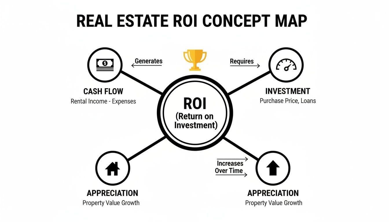 Real estate ROI concept map illustrating cash flow, investment, and property appreciation for return on investment.