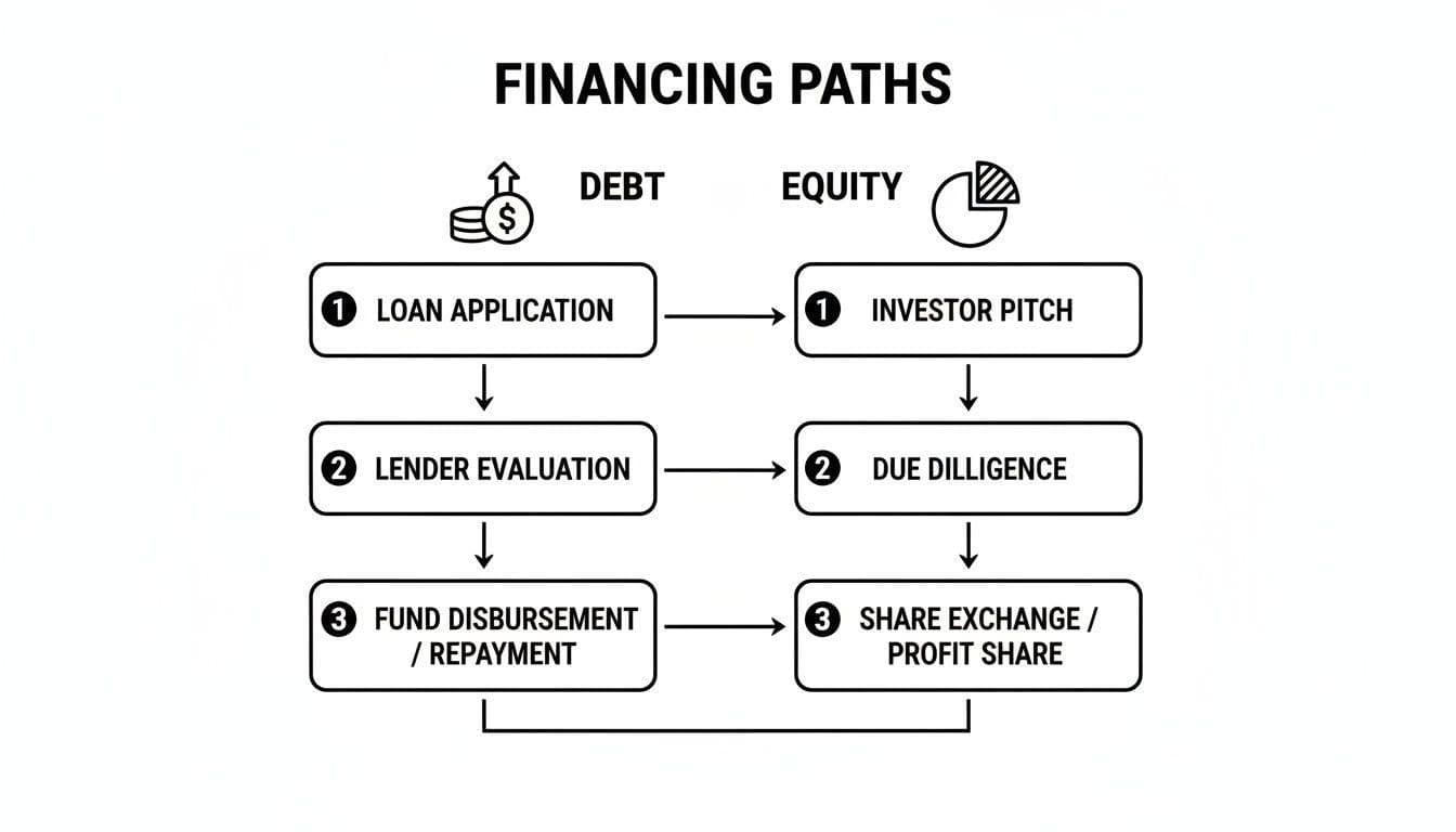 Flowchart illustrating two financing paths: debt (loan application to repayment) and equity (investor pitch to share exchange).