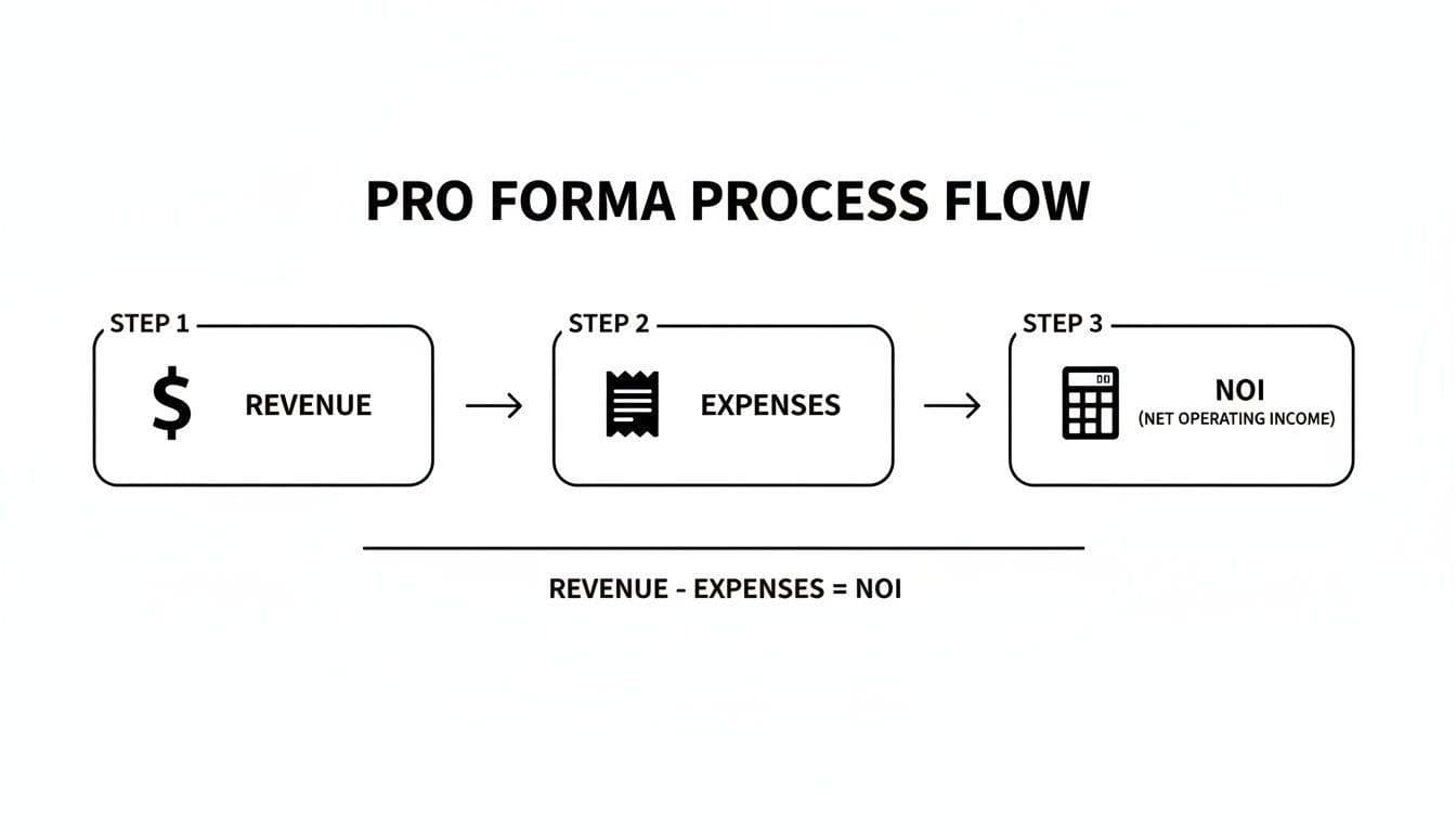 A flow chart illustrating the pro forma process: Revenue minus Expenses equals Net Operating Income (NOI).