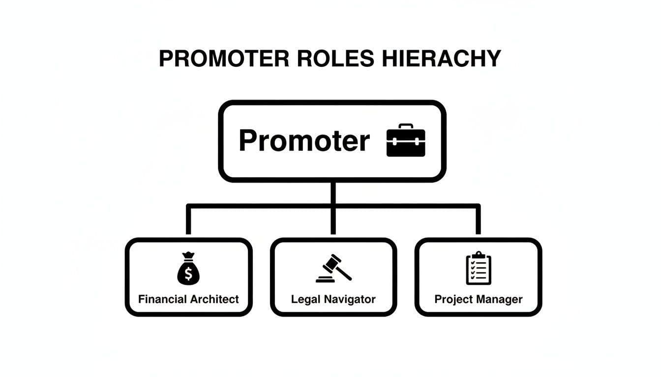 A black and white hierarchy chart titled 'Promoter Roles Hierarchy' showing Promoter leading three roles.