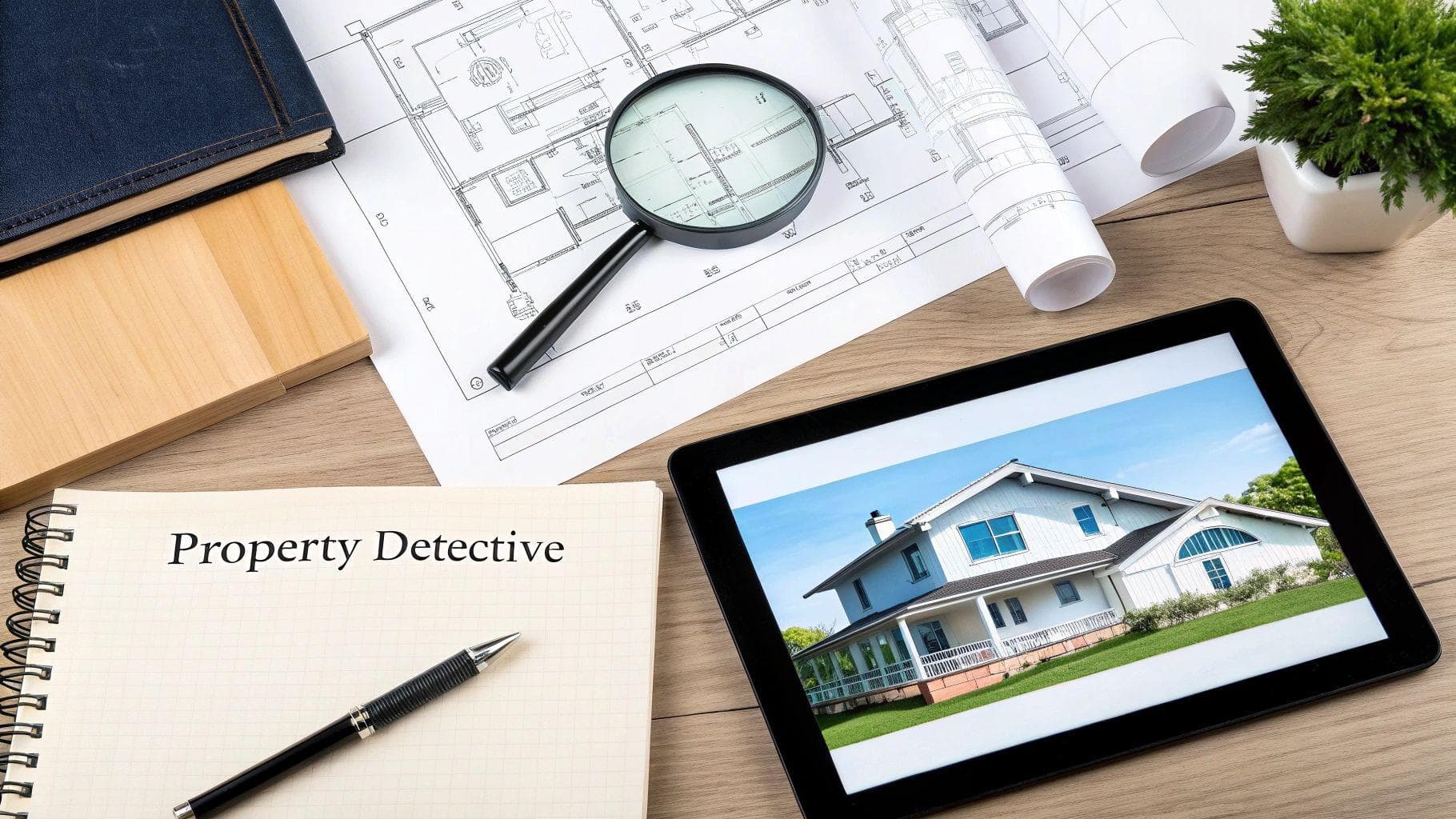 An aerial view of a city with a magnifying glass focused on one building, symbolizing real estate valuation.