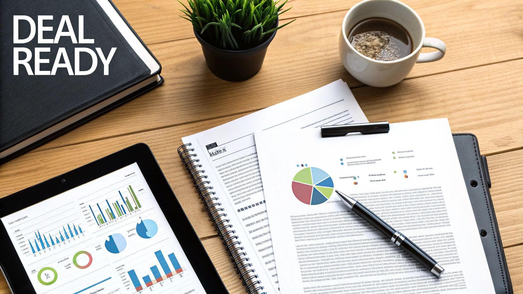 Overhead view of a business desk with 'DEAL READY' binder, tablet, financial charts, and coffee.