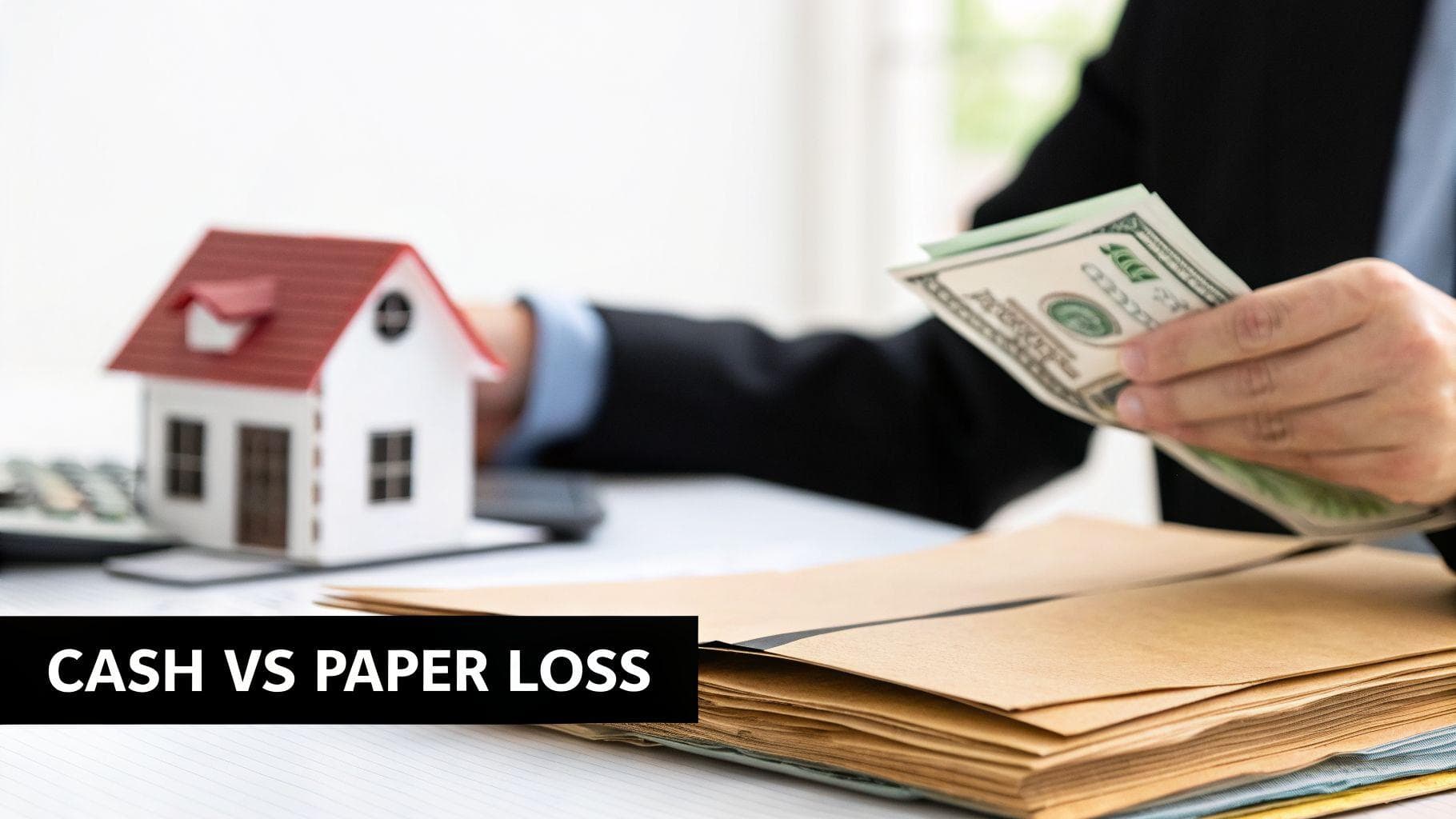 A person counts dollar bills next to a house model and financial documents, illustrating cash vs paper loss.