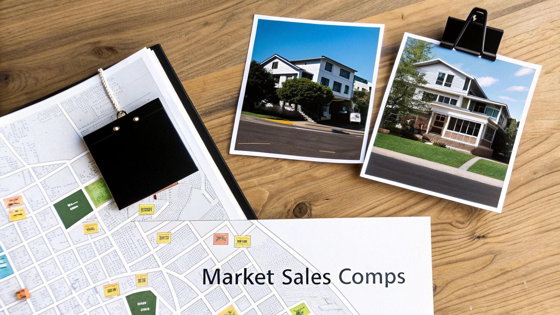 Overhead view of market sales comps documents, a map with marked properties, and house photos on a wooden desk.