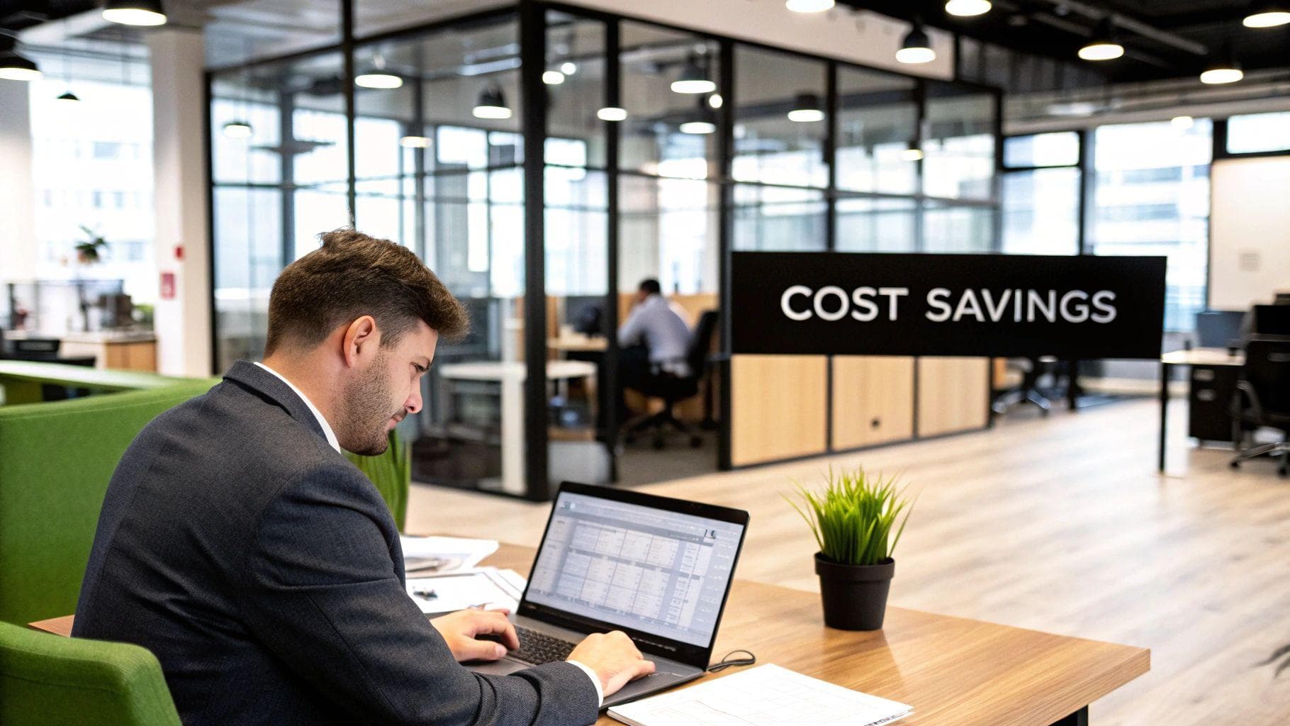 A graphic illustrating how automation reduces costs, with icons for reduced labor costs, error reduction, and optimized resource allocation.