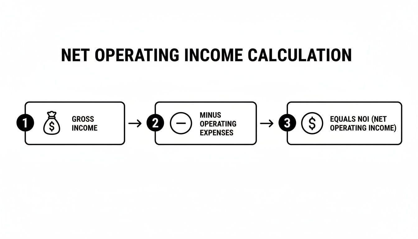 Flowchart illustrating the calculation of Net Operating Income: Gross Income minus Operating Expenses equals NOI.