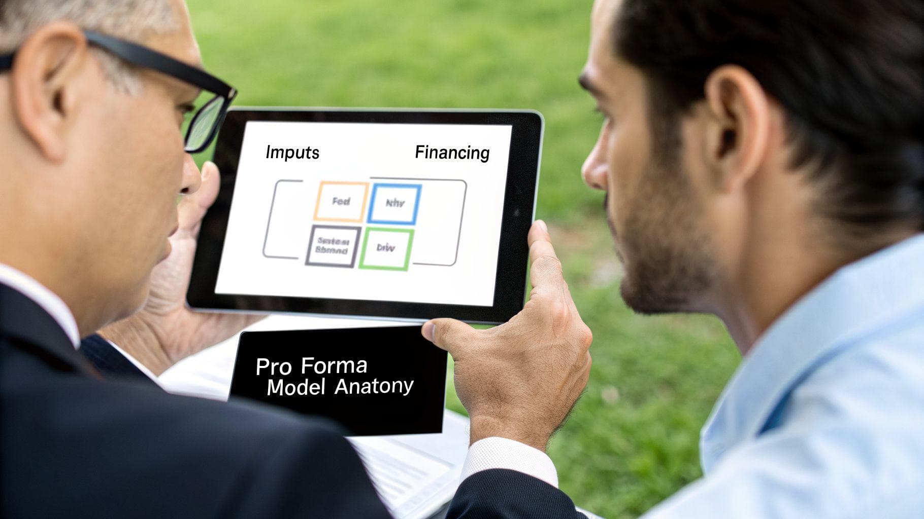 Two men reviewing a tablet showing a 'Pro Forma Model Anatomy' diagram with inputs and financing.