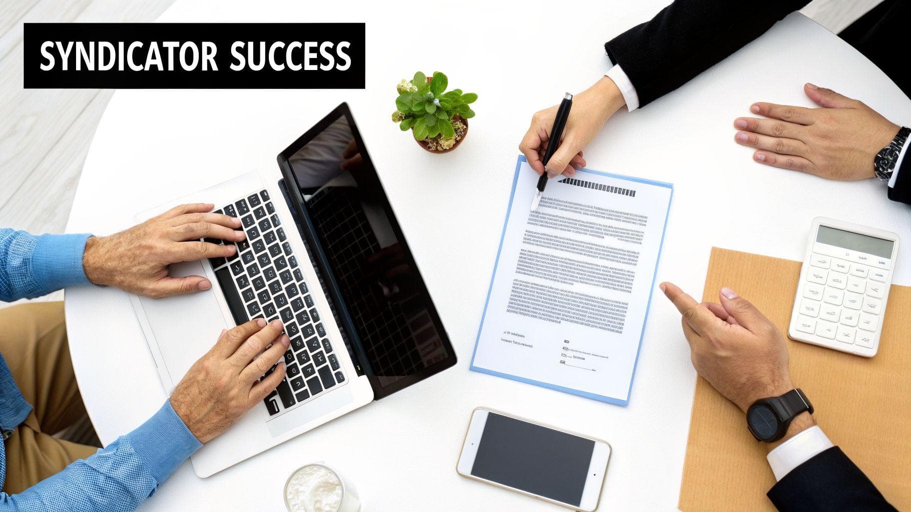 Top-down view of a business meeting with individuals working on a laptop and signing papers.
