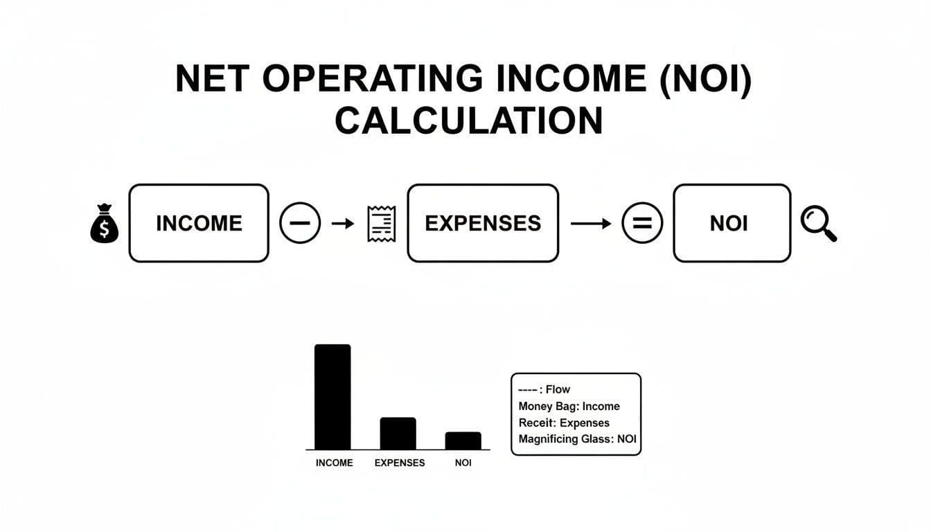 Flowchart explaining Net Operating Income (NOI) calculation, showing Income minus Expenses equals NOI, with a bar chart.