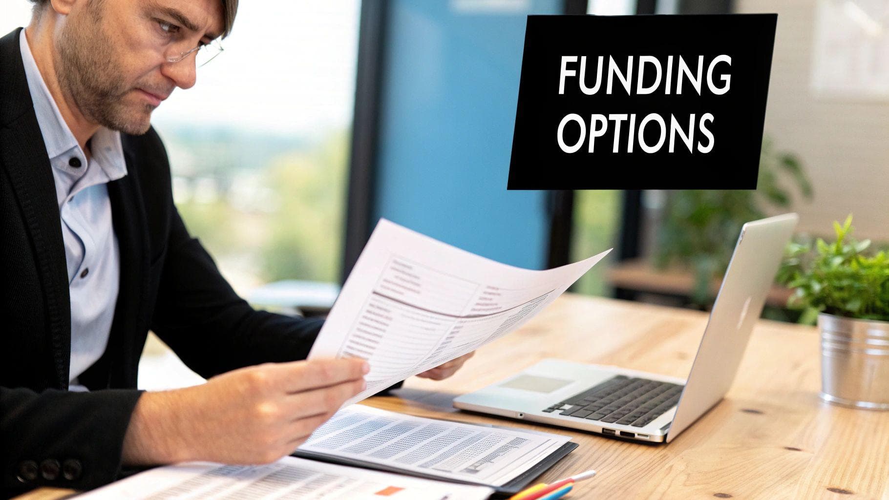 An architect reviewing blueprints for a new apartment building project.